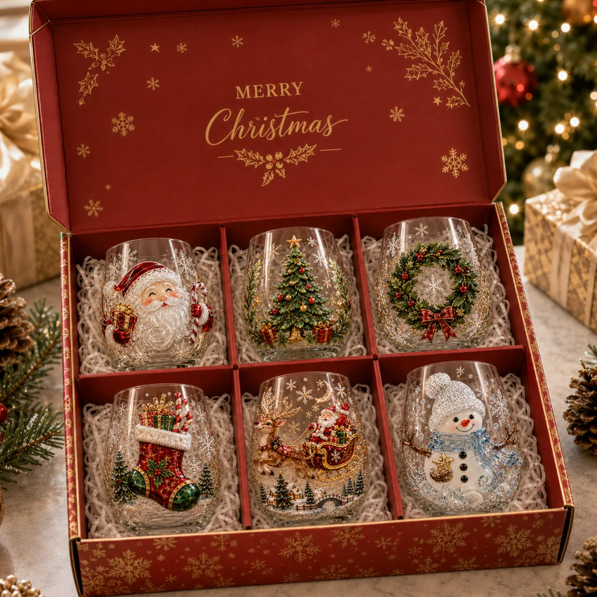 🎅 Colección de vasos navideños mágicos: Papá Noel, reno, muñeco de nieve y árbol de Navidad