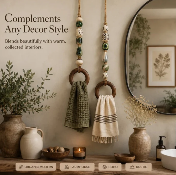 Decorative Beaded Towel Hanger with Wooden Ring
