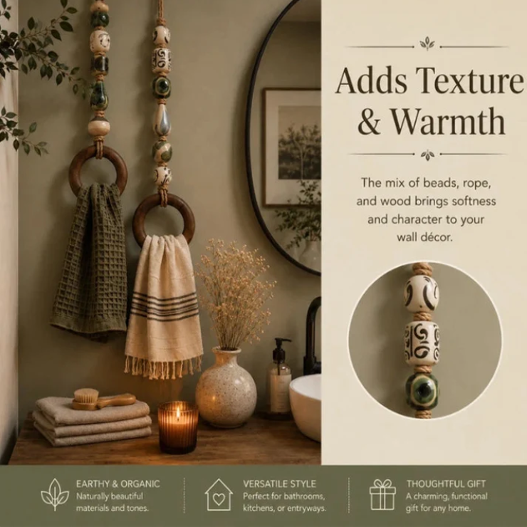 Decorative Beaded Towel Hanger with Wooden Ring
