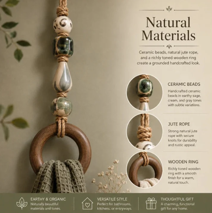 Decorative Beaded Towel Hanger with Wooden Ring