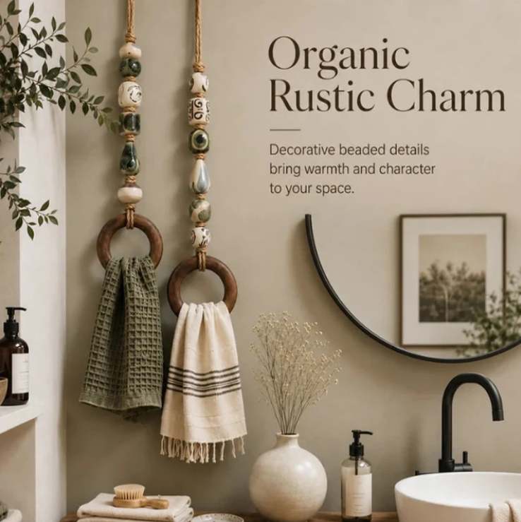 Decorative Beaded Towel Hanger with Wooden Ring