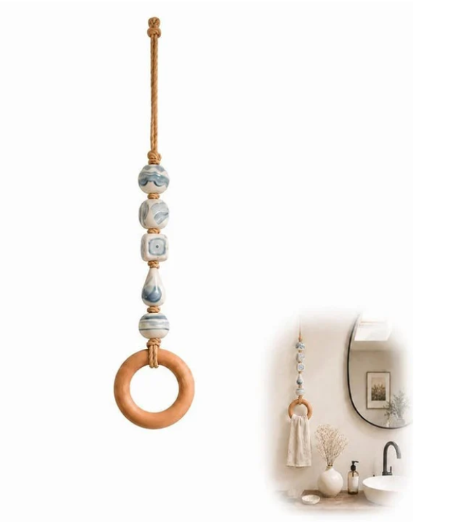 Decorative Beaded Towel Hanger with Wooden Ring