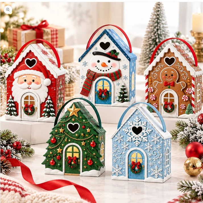 🏠🎄 Christmas Cottage Handle Gift Box — 5 Festive Designs, House‑Shaped Packaging with Carry Handle