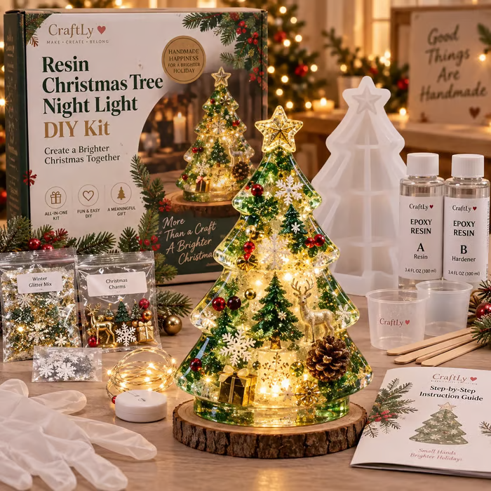🎄Beginner-Friendly Resin Christmas Tree Night Light DIY Kit | Complete Kit with Mold, Resin, Fairy Lights & Festive Decorations ✨