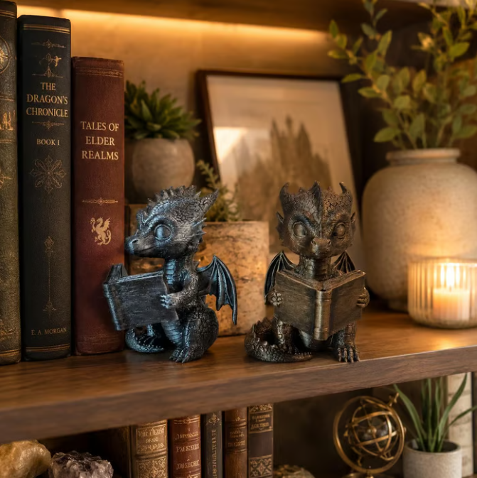 📚🐉 Decoración de estantería de dragón lector