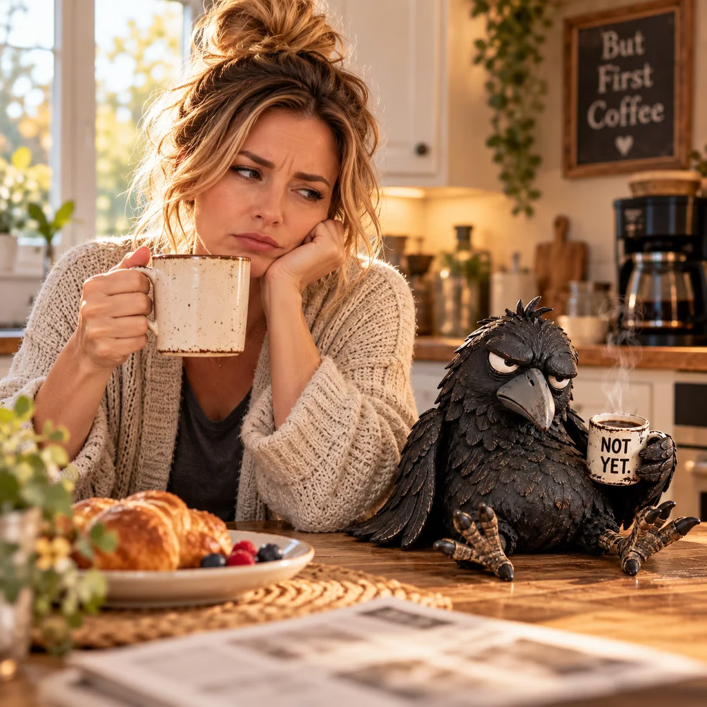 🐦‍⬛☕ "Grumpy Coffee" Raven Figurine – Witty Morning Decor: "Not Yet" 😂