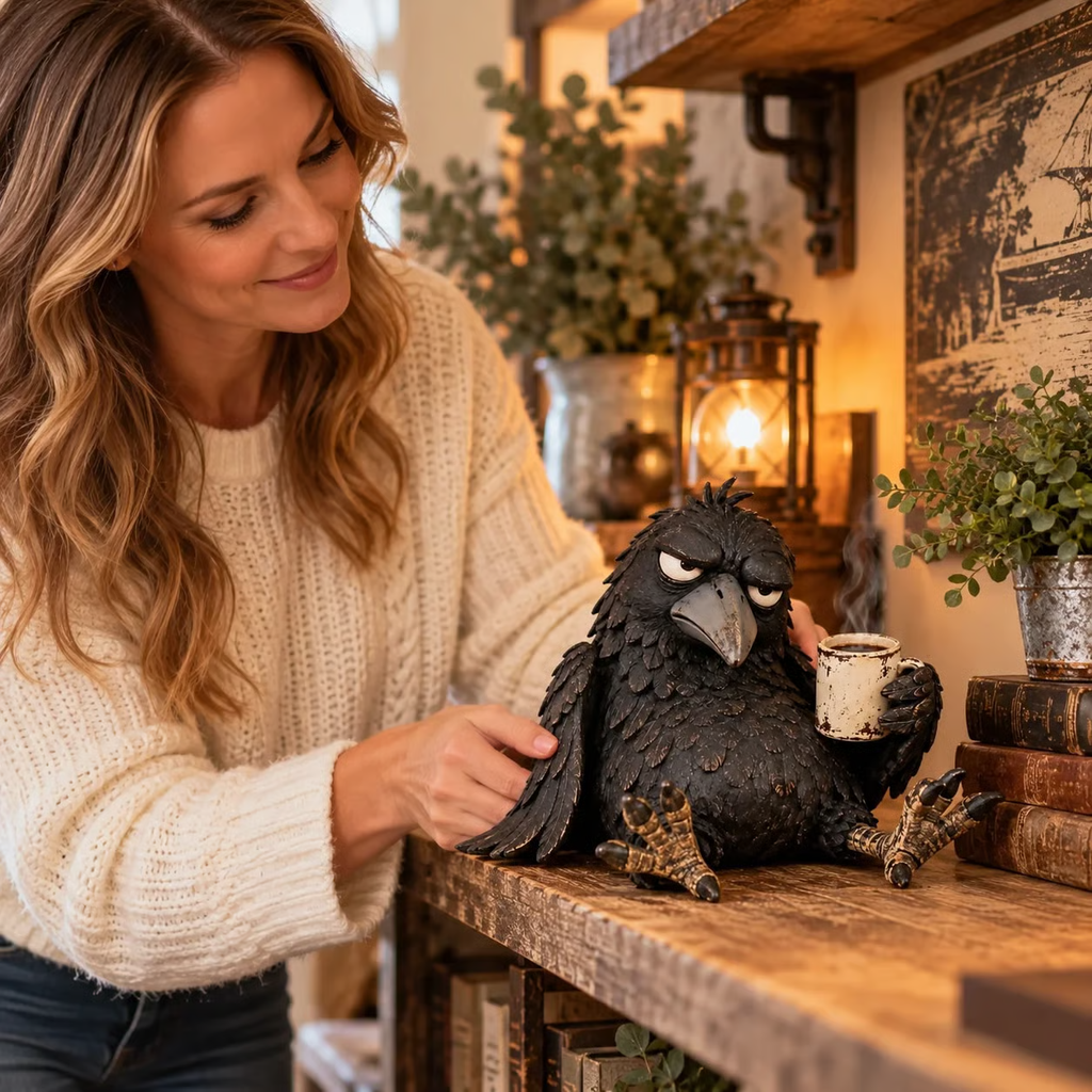 🐦‍⬛☕ "Grumpy Coffee" Raven Figurine – Witty Morning Decor: "Not Yet" 😂